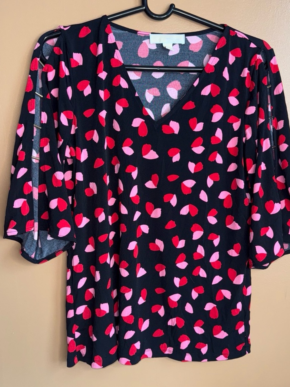 Michael Kors Black V-Neck Blouse with Pink and Red Petal Print